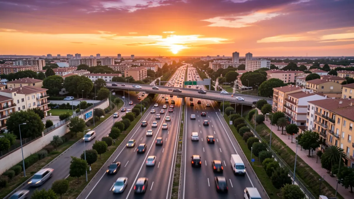 Vista aèria d'una autovia a la Comunitat Valenciana al capvespre, amb trànsit intens.