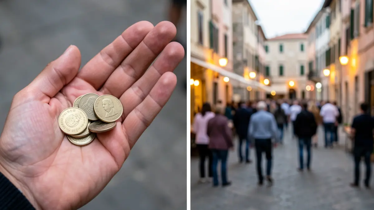 Generic image of coins and a Mediterranean urban environment.