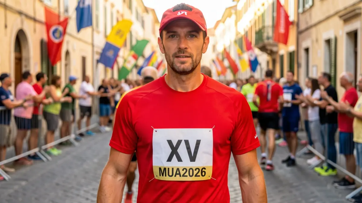 Runner's bib with the number XV and the text MUA2026 on a running shirt, with a blurred urban background of a Mediterranean city.