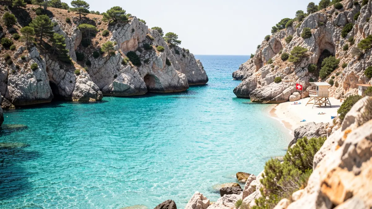Imagen genérica de una cala mediterránea con agua cristalina y vigilancia de socorristas.