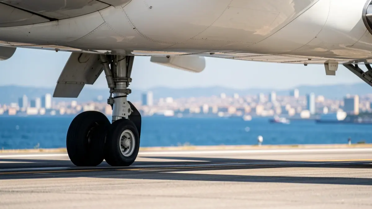 Aterrizaje de un avión en el aeropuerto de Alicante-Elche con el mar Mediterráneo al fondo.