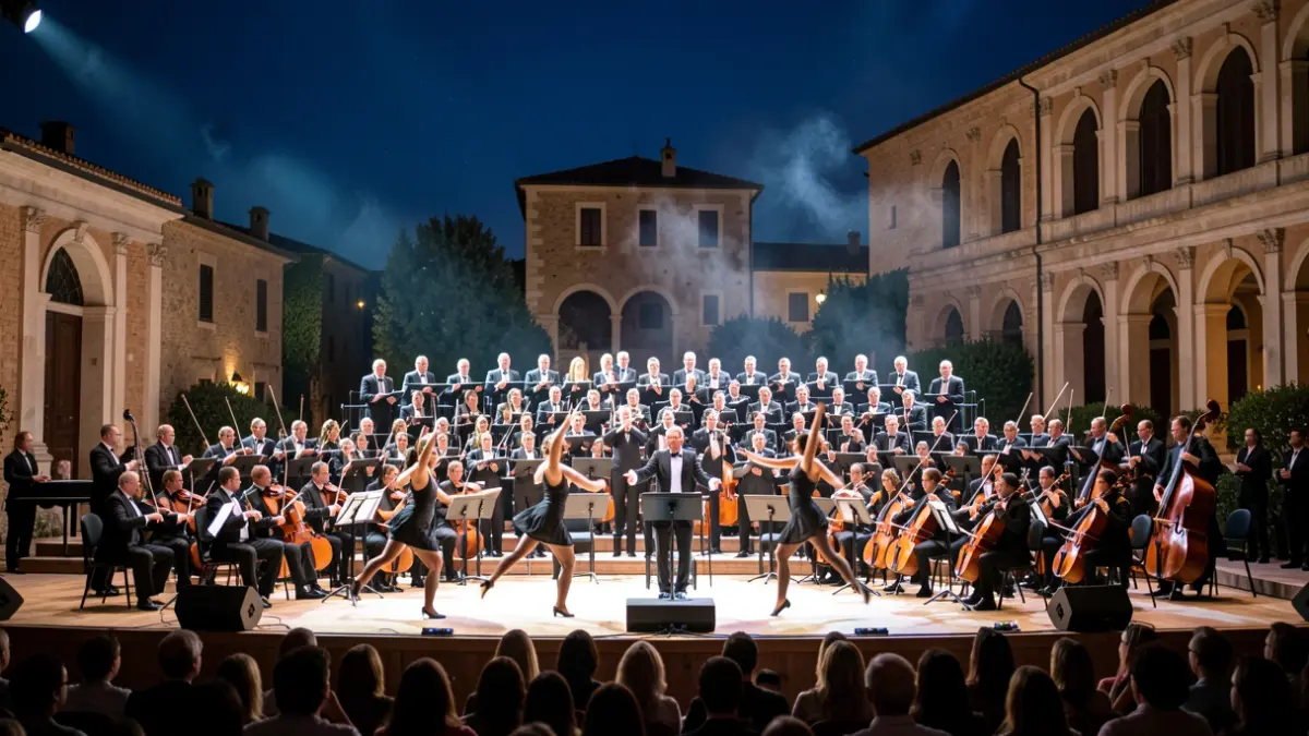Imagen genérica de un espectáculo musical con orquesta, coro y bailarines bajo luces escénicas.