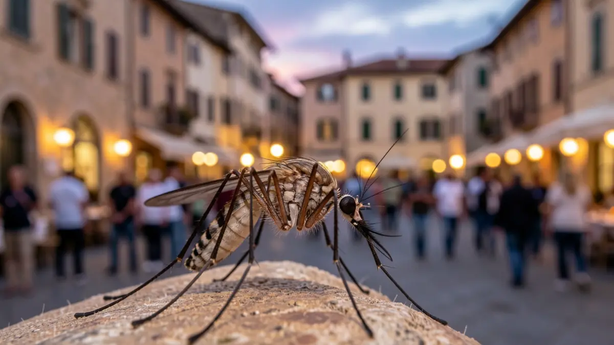Close-up of a sterile male mosquito, with a blurred background of a Mediterranean town square at dusk.
