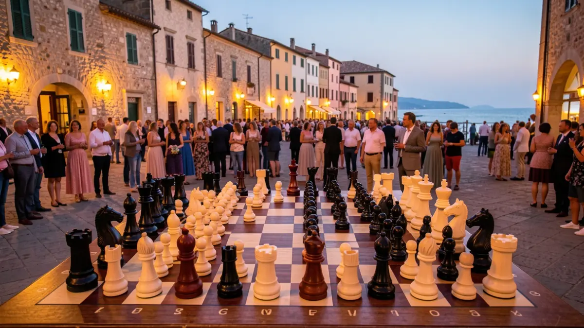 Generic image of a living chess performance in a Mediterranean urban setting.